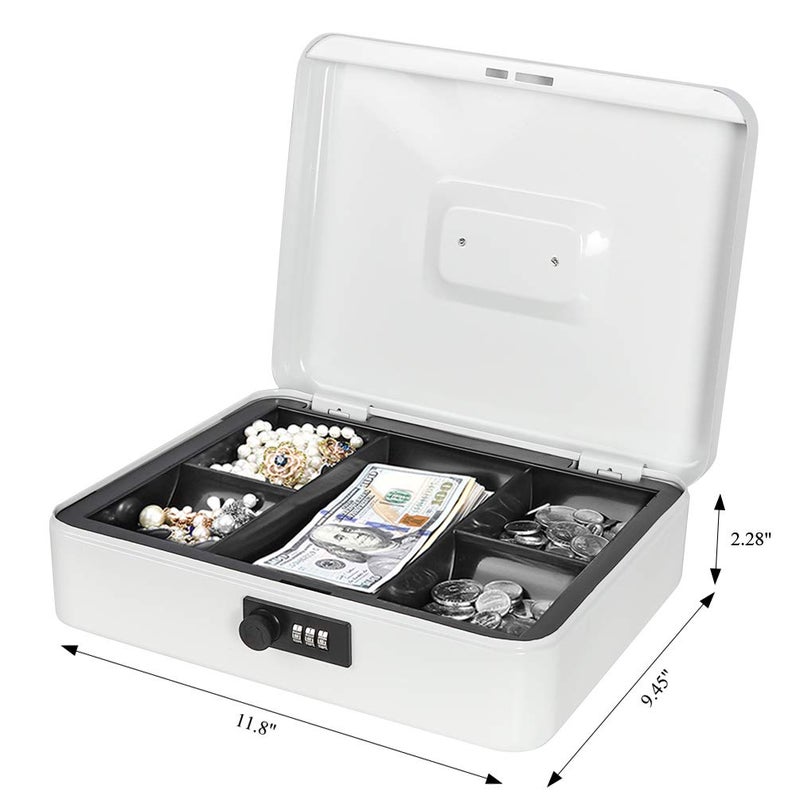 Jssmst X-Large Cash Box with Combination Lock - Durable Metal Cash Box with Money Tray, White, 11.81 x 9.84 x 3.46 inches, CB0704XLN - Image 5